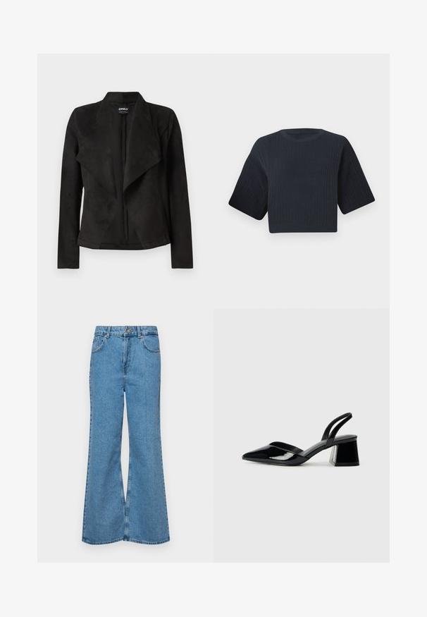 Black faux suede jacket with a draped front design. Features long sleeves, no visible fastenings, and a smooth texture.; Dark navy cropped knit sweater with ribbed texture, short wide sleeves, and a round neckline. Simple design, no visible patterns or accents.; Light blue flared jeans made of denim, featuring a high waist, five pockets, and a single button closure. Soft texture with faded finish.; Black patent leather slingback heels with a pointed toe and a geometric block heel. Features a sleek, minimal design and smooth texture.