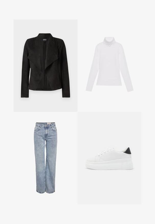 Veste en suédine noire avec un design à l'avant drapé. Présente des manches longues, sans fermetures visibles, et une texture lisse.; Haut à col roulé à manches longues blanc, fabriqué en tissu lisse et extensible. Il présente un col haut et une coupe ajustée, sans motifs ni embellissements visibles.; Jeans larges bleu clair en denim, dotés d'une taille haute, d'un design à cinq poches et d'un léger dégradé pour un aspect usé.; Baskets plates blanches en matériau synthétique lisse, avec un bout arrondi, un design à lacets et une semelle en caoutchouc texturé. Accent de talon noir.