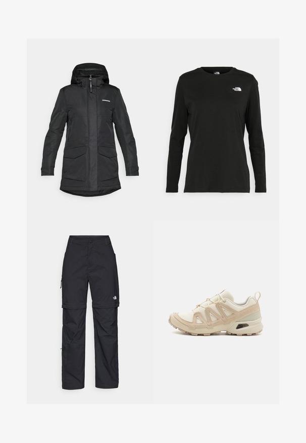 Mustmustööga must parka jakk, millel on kapuuts, esine tõmblukk, kaks suurt külg-taskut ja logo vasakul rinna kohal. Sile tekstuur.; Must mustahiheline T-särk, millel on pikad varrukad, valmistatud puuvillast ja ümarast kaelusest. Vasakul rinnal on väike valge logo. Lihtne disain ja sobivus.; Mustad nailonist valmistatud eemaldatavad cargo-püksid, reguleeritavate pahkluudega, mitmete taskutega ja paremal jalal logoga. Sile, kerge tekstuur.; Beež ja koobalti spordijalats tekstureeritud võrkkattega, toetavad ülemised kihid ja kummist tallaga, millel on mustriga joonistus haardeks.