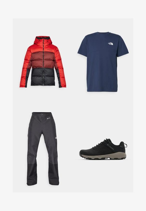 Giacca a vento rossa e nera con cappuccio, caratterizzata da blocchi di colore orizzontali, chiusura con zip e logo Columbia sul davanti.; T-shirt in cotone blu navy con maniche corte e scollatura a girocollo. Presenta un piccolo logo bianco sul lato sinistro del petto. Tessuto liscio.; Pantaloni impermeabili neri con una texture liscia, dotati di un logo GORE-TEX sulla parte anteriore e rinforzi sulle gambe inferiori per una maggiore durata.; Scarpa da trekking nera con tomaia liscia, design perforato, suola grigia e tallone rinforzato. Caratterizzata da lacci e un anello per una facile calzata.