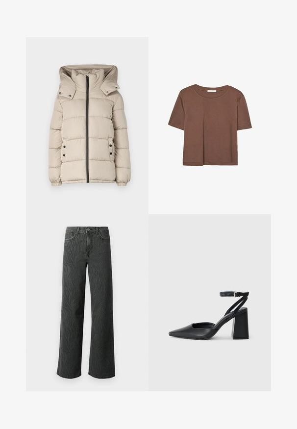Béžová prošívaná bunda s vysokým límcem, předním zipem a kapsami na druk. Tkanina je hladká s prošívanými sekcemi.; Hnědé tričko s krátkým rukávem vyrobené z měkké látky, s kulatým výstřihem a volným střihem. Bez viditelných vzorů nebo dekorací.; Široké džíny z tmavě šedého denimového materiálu, s jemnou texturou zebřího vzoru, kontrastním prošíváním a pěti kapsami s knoflíkovým zapínáním.; Černé kožené lodičky se špičatou špičkou, kotníkovým páskem a silným podpatkem. Hladká textura, elegantní design a minimalistická estetika.
