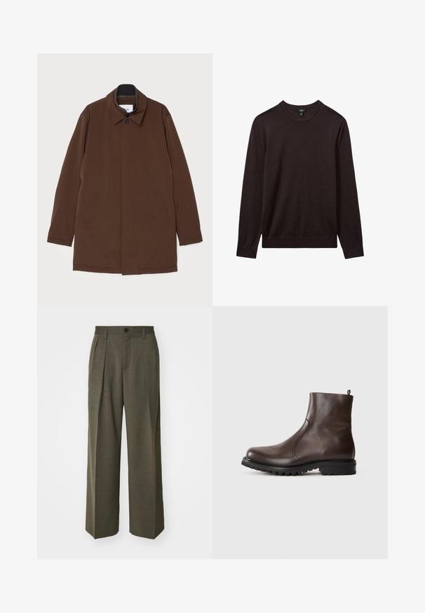 Ruskea takki, jossa on suora leikkaus, kärkitasku, kaksi sivutaskua ja yksittäinen napitus. Sileä kangastuntuma.; Reiss Neule - dark bordeaux; Filippa K WIDE TROUSERS - Housut - driftwood; Ruskea nahkainen nilkkasaapas, jossa on sileä pinta, joustavat sivupaneelit, vetotuli takana ja kestävä kumipohja.