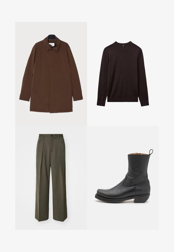 Brauner Außenmantel mit geradem Schnitt, spitzem Kragen, zwei seitlichen Taschen und einem einzigen Knopfverschluss. Glatte Stoffstruktur.; Reiss Strickpullover - dark bordeaux; Filippa K WIDE TROUSERS - Stoffhose - driftwood; Schwarze Leder-Stiefelette mit glatter Oberfläche, schlankem Profil, seitlicher Naht und niedrigem, quadratischen Absatz. Verfügt über eine Zuglasche an der Rückseite.