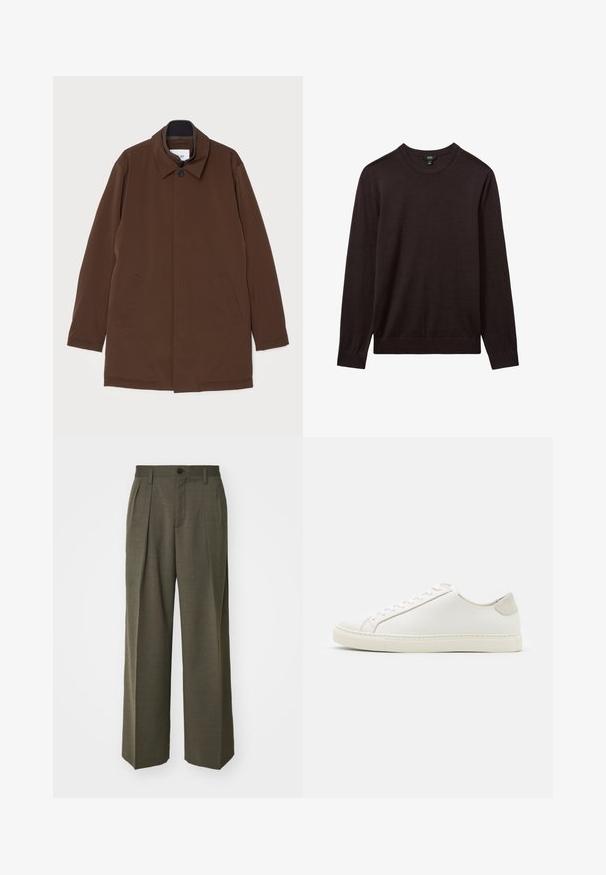 Brun yderjakke med lige snit, spids krave, to sidelommer og enkelt knaplukning. Glat stofstruktur.; Reiss Striktrøje - dark bordeaux; Filippa K WIDE TROUSERS - Bukser - driftwood; Hvide lædersneakers med en glat overflade, rund tå og minimalistisk design. Funktioner i beige nuancer på hælen og en gummisål.