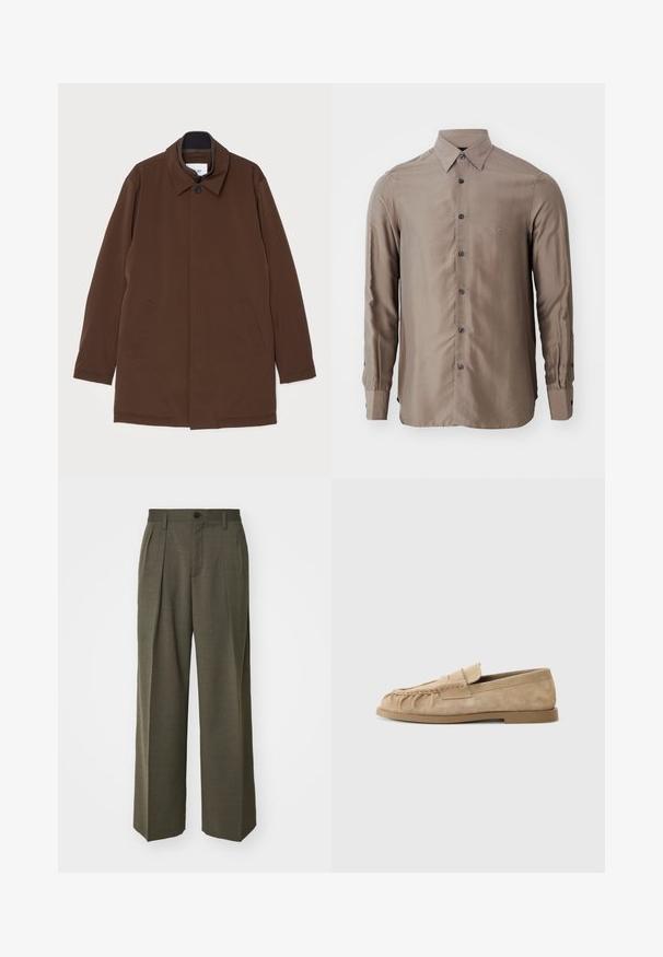 Bruine buitenjas met een rechte snit, puntkraag, twee zijzakken en een enkele knoopsluiting. Gladde stoftextuur.; Langarm overhemd in een taupe kleur, gemaakt van een gladde stof, met een knoopsluiting aan de voorkant en donkere knopen, voorzien van een klein logo op de borst.; Filippa K WIDE TROUSERS - Broek - driftwood; Beige suède instappers met een geraffineerd ontwerp, voorzien van een platte zool en een decoratieve strap over de wreef. Glad van structuur.