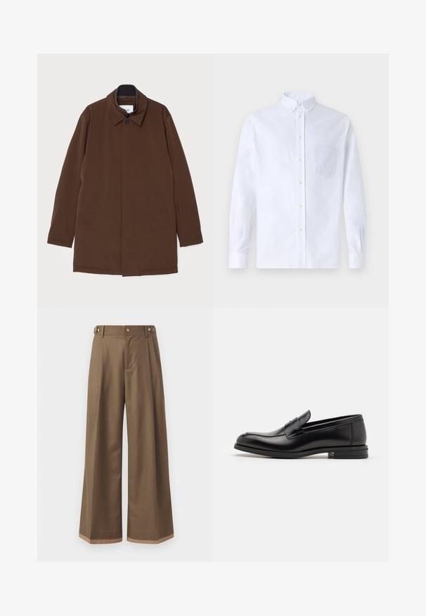 Bruine buitenjas met een rechte snit, puntkraag, twee zijzakken en een enkele knoopsluiting. Gladde stoftextuur.; Witte lange mouwen overhemd van katoen, met een borstzak met tonale borduring, een kraag en knopenmanchetten.; Wijdvallende broek in een donkerbruine stof, met twee zijzakken, twee decoratieve knopen aan de voorkant en een contrasterende zoomdetail.; Zwarte leren instappers met een gladde textuur, ronde neus en een decoratieve band over de wreef. Lage, gestapelde hak en minimalistisch ontwerp.