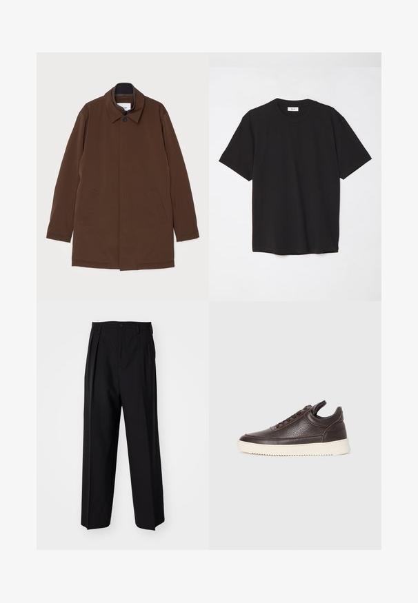 Casaco exterior castanho com corte reto, colarinho pontudo, dois bolsos laterais e fecho com um botão. Textura de tecido suave.; T-shirt de algodão preto com decote redondo, mangas curtas e um corte descontraído. Design simples, textura suave e sem padrões ou logótipos visíveis.; Calças pretas plissadas com um design reto e de perna larga. Feitas de um tecido liso, apresentam um fecho de botão e passantes para cinto.; Sapatilha de couro texturado castanho escuro com atacadores à frente e sola de borracha branca estriada sobre um fundo claro.