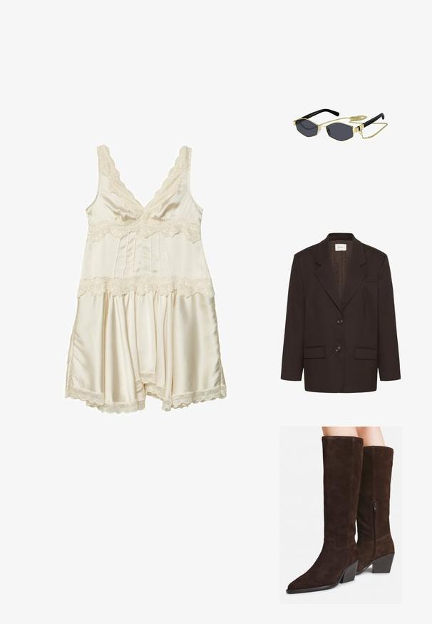 Blazer marrone scuro con revers a notched, due tasche frontali a pattina, due bottoni e una tasca welt sul petto di Gestuz.; Camicia da notte in satin crema con bordi in pizzo, caratterizzata da scollatura a V, spalline regolabili, corpetto plissettato e gonna svasata con bordi ondulati.; Stivali al ginocchio in suede marrone scuro con punte appuntite, tacchi a blocco e cerniere laterali indossati su gambe nude su uno sfondo bianco.; Occhiali da sole ottagonali con lenti scure, dettagli in metallo dorato e stanghette in plastica nera; comprende una catena dorata rimovibile.; Borsa in suede nera con dettagli in pelle liscia, manici rotondi doppi, tracolla rimovibile e chiusura con zip in metallo. Logo impresso sul davanti.