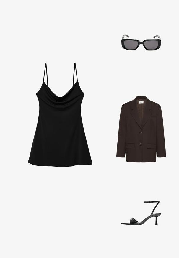 Temno rjava blazer jakna z notch reverji, dvema sprednjima žepoma s flapom, dvema gumboma in prsnim žepom z oblogami blagovne znamke Gestuz.; Črna brezrokavna majica z ovratnikom v stilu cowl, izdelana iz gladkega materiala. Ima tanke nastavljive naramnice in razširjen, tekoč silhueto.; Bershka Sandali z visoko peto - black; Črne pravokotne sončne očala z temnimi lečami, gladkim plastičnim okvirjem in ukrivljenimi nogicami. Oblika je robustna in minimalistična.