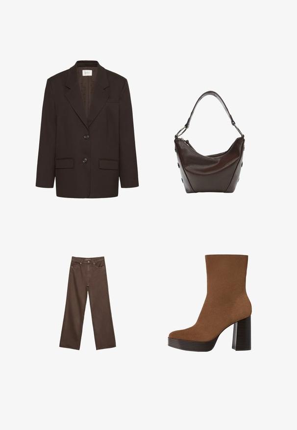 Tmavě hnědý sako s klopami, dvěma předními kapsami s klopami, dvěma knoflíky a náprsní kapsou od Gestuz.; Hnědé tričko s krátkým rukávem vyrobené z měkké látky, s kulatým výstřihem a volným střihem. Bez viditelných vzorů nebo dekorací.; Hnědé džíny s širokými nohavicemi vyrobené z denimu, s vysokým pasem, předními kapsami a klasickým zapínáním na knoflík. Hladká textura s jemným švem.; Hnědé semišové kotníkové boty s kulatou špičkou, robustním černým pruhovaným podpatkem a hladkým povrchem. Mají přiléhavý design bez viditelného kování.; Tmavě hnědá kožená kabelka s oblým tvarem, na zip a s krátkým uchopovacím držadlem. Obsahuje kovové detaily a dekorativní černé knoflíky po stranách.