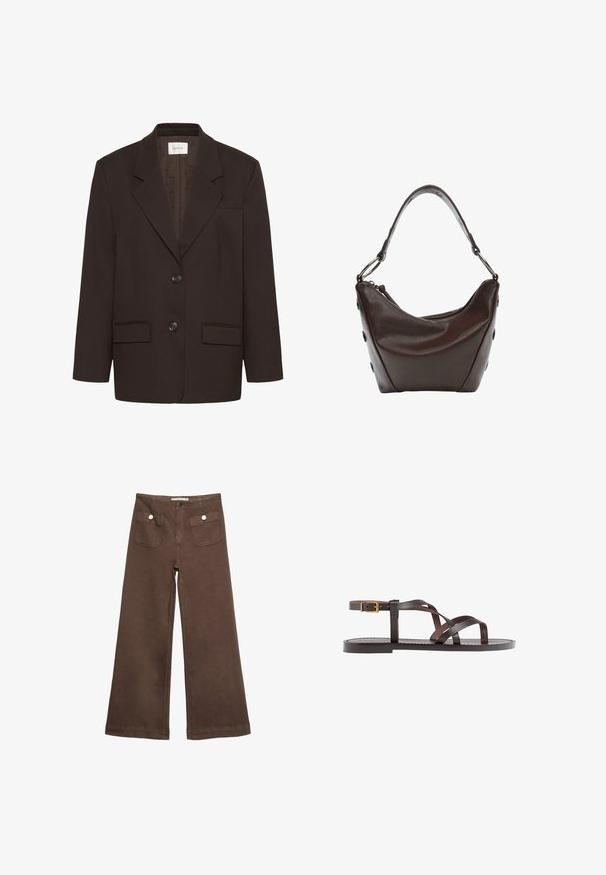 Tamnosmeđi sako s oštrim reverima, dva prednja džepa s preklopom, dva gumba i jedan džep na prsima marke Gestuz.; Smeđi kratki rukav majica od mekog materijala, s okruglim izrezom i opuštenim krojem. Nema vidljivih uzoraka ili naglasaka.; Smeđe široke hlače od pamuka, s dva prednja džepa sa srebrnim dugmadima i glatkom teksturom.; Smeđe kožne sandale s iskrižanim trakama, umetkom za zapešće s kopčanjem i ravnim potplatom s minimalnim detaljima šivanja.; Tamno smeđa kožna torba sa zakrivljenim oblikom, zatvaranjem na zip i kratkom drškom. Ima metalne detalje i dekorativne crne dugmadi sa strane.