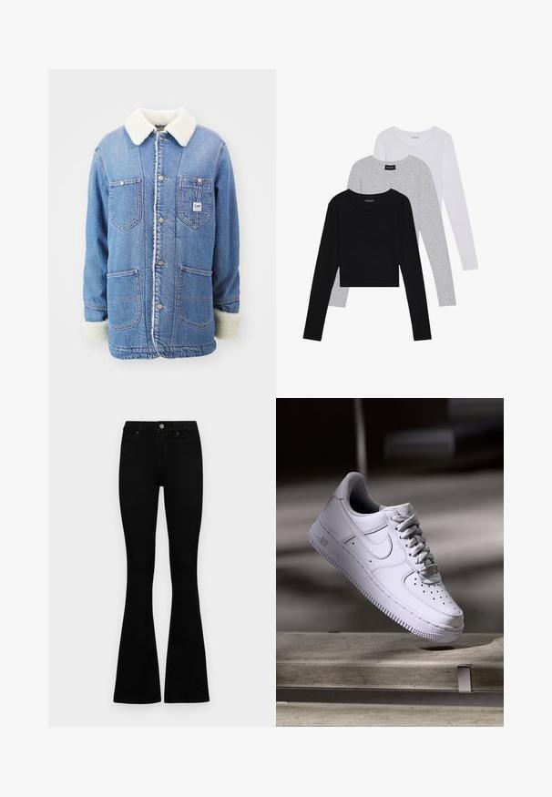 Veste en denim bleu clair avec un col et des poignets en fausse fourrure. Dispose de quatre poches et de boutons en métal. Matériau doux et texturé.; Trois hauts à manches longues empilés : noir, gris et blanc. Chacun a un col rond et un design court avec un tissu lisse et léger.; Jean noir taille haute avec fermeture à bouton et à zip, poches avant et jambes évasées, posés à plat sur un fond blanc.; Baskets Nike Air Force 1 blanches lévitant au-dessus d'une surface en béton avec des ombres dans un cadre minimaliste.