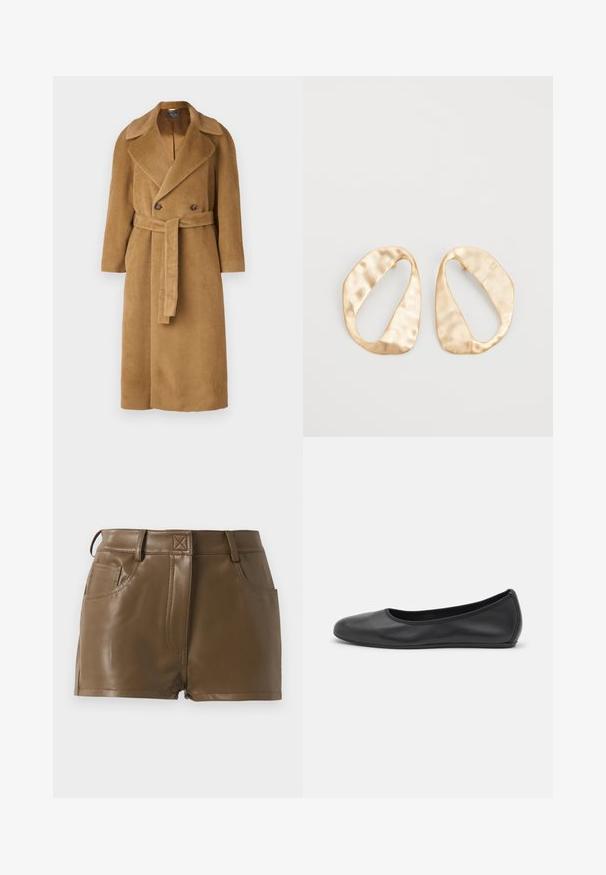 Alberta Ferretti LONG JACKET - Cappotto classico - brown; T-shirt bianco a maniche lunghe realizzato in cotone a coste, con scollo rotondo e orlo dritto. Design semplice senza motivi o accenti.; Pantaloni corti in finta pelle marrone con un design aderente, vita con passanti per cintura, tasche frontali e dettagli di cucitura in evidenza.; Pantofole da balletto nere in pelle con punta arrotondata, texture liscia, dettagli di cucitura minimi e design con suola flessibile.; Un paio di orecchini in metallo di tonalità dorata, di forma ovale irregolare, con superficie texturizzata e leggermente martellata, su uno sfondo bianco.