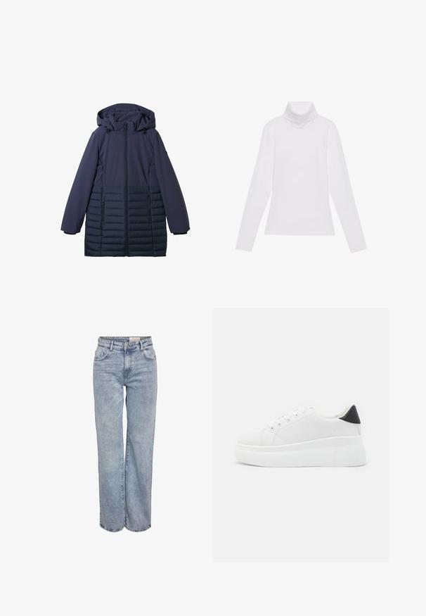 Marineblaue Jacke mit einem gestepp ten unteren Abschnitt, glattem oberen Stoff, Kapuze und zwei mit Reißverschluss versehenen Taschen auf der Vorderseite. Leichtes Design.; Weißes Langarm-Turtleneck-Oberteil aus glattem, elastischem Stoff. Mit hohem Kragen und tailliertem Schnitt, ohne sichtbare Muster oder Verzierungen.; Hellblau weite Jeans aus Denim, mit hoher Taille, fünf Taschen-Design und subtilen Ausbleichungen für einen eingesessenen Look.; Weiße Plateausneaker aus glattem Kunstmaterial, mit runder Zehenform, Schnürdesign und einer strukturierten Gummisohle. Schwarzer Fersenakzent.