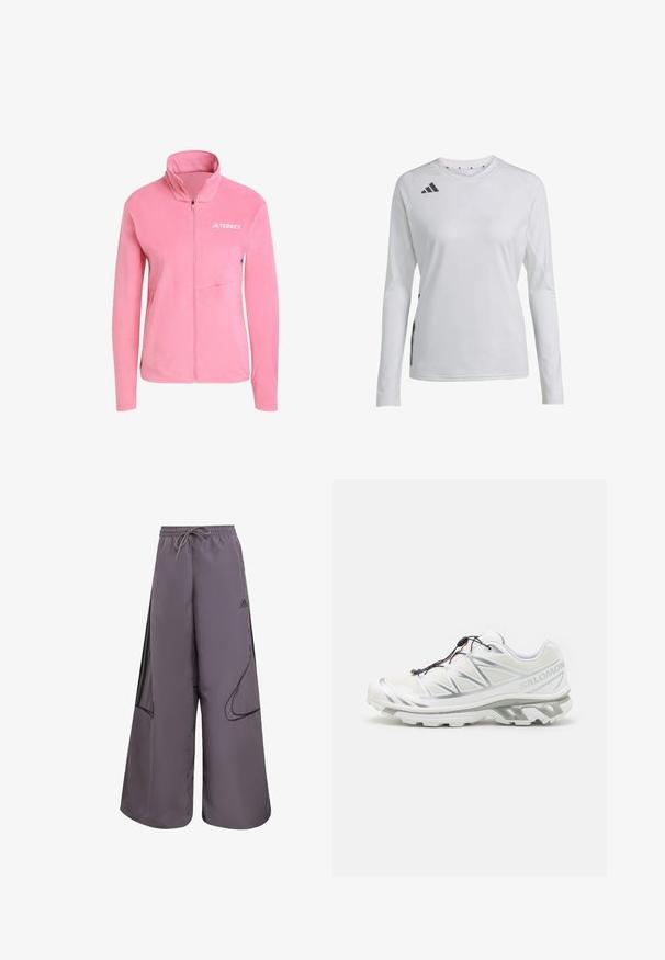 Giacca in fleece rosa con colletto alto, zip completamente aperta, tasca laterale e logo "TERREX" bianco sul petto. Texture morbida, design lineare.; Maglietta sportiva a maniche lunghe in tessuto bianco, con colletto rotondo e logo Adidas nero sulla spalla sinistra e sul lato.; Pantaloni larghi viola realizzati in tessuto leggero, con vita regolabile, tasche laterali, dettagli neri e logo.; Scarpa sportiva bianca con upper testurizzato, dettagli riflettenti e suola grigia. Presenta motivi triangolari accentuati e un sistema di lacci rapidi.