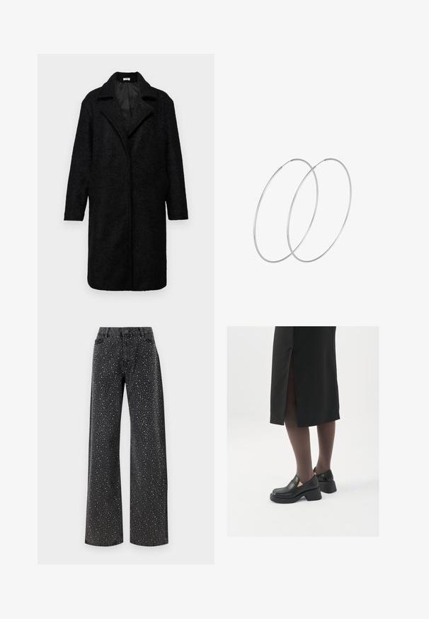 Must värvi pikk villaseguste mantel tekstuurse viimistlusega, nurgelise krae, avatud ettepoole ja kahe küljeto pocketiga; keskmise pikkusega varrukad.; VILA VIPEARL O NECK - Džemper - black; Noisy May NMJANNEL LOOSE - Avar lõikega teksad - black denim; Mustad mustad jalatsid ümmarguse varbaga, paksu plokkniidi ja elastsete külgdetailidega, kombineeritud tumedate sukkade ja musta lõhikuga seelikuga.; Hõbedased rõngastikkaehingad minimalistlikus disainis. Ümar kuju, sile tekstuur ja õhuke profiil. Kerged ning poleeritud viimistlusega.