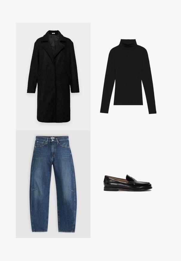 Svart, lång kappa i ullblandning med texturerad yta, slagkrage, öppen framtill och två sidofickor; ärmar i medellängd.; Svart polokrage långärmad topp, tillverkad av ribbat tyg, har en figurnära design med hög hals och inga mönster eller accenter.; Mörkblå denimjeans med rak ben-design, som har framfickor, kontrasterande sömmar och en subtil blekt textur på benen.; Svart läderloafer med rundad tå, slip-on-design och subtila sömnadsdetaljer längs ovandelen. Platt gummisula.