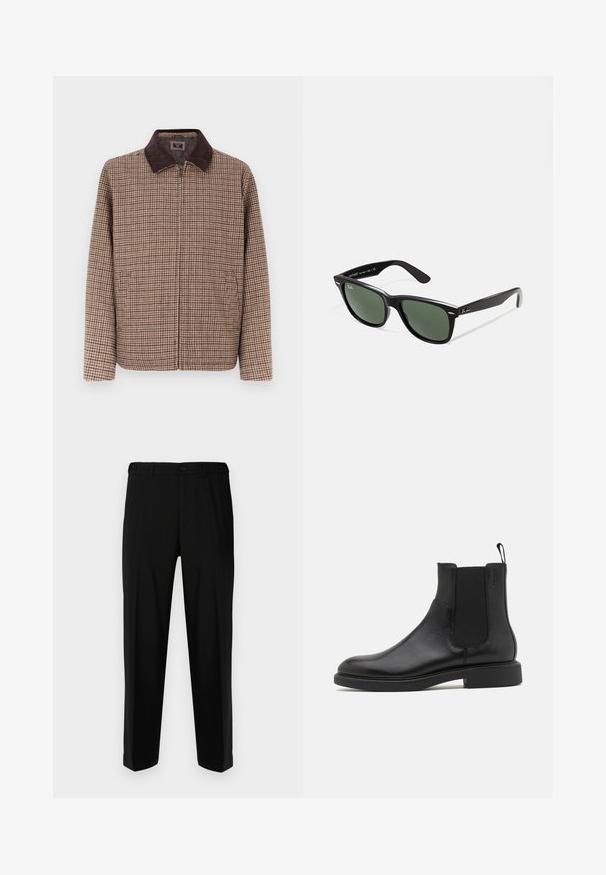 Giacca marrone a quadri con colletto in velluto a coste marrone scuro, dotata di chiusura lampo frontale e due tasche laterali. Il tessuto ha una texture liscia.; Camicia a maniche lunghe a quadri marroni con colletto button-down, caratterizzata da una vestibilità rilassata e un orlo leggermente curvo. Il tessuto è texturizzato.; Pantaloni neri realizzati in tessuto liscio, con una vestibilità dritta, due tasche frontali e una chiusura con zip e bottone.; Stivale alla caviglia in pelle nera con texture liscia, pannelli laterali elastici e una linguetta per il tallone. Punta rotonda e suola piatta in gomma con minimo battistrada.; Occhiali da sole in plastica nera con lenti verdi, montatura quadrata, dettaglio argento sulla parte superiore e steli con texture. Marchio indicato sulla parte interna dello stelo.