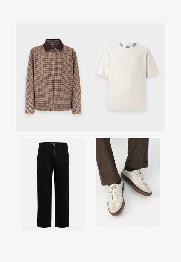 Brown checkered jacket with a dark brown corduroy collar, featuring a zip front and two side pockets. Textile has a smooth texture.; Cream-colored cotton t-shirt with short sleeves, featuring a round neckline accented by navy and white stripes. Smooth texture, relaxed fit.; Black denim pants with a straight-leg cut, classic five-pocket design, and a button closure at the waist. Smooth texture and durable fabric.; Beige sneakers with a textured suede front, smooth leather sides, and a brown rubber sole. Laces and light stitching detail included.