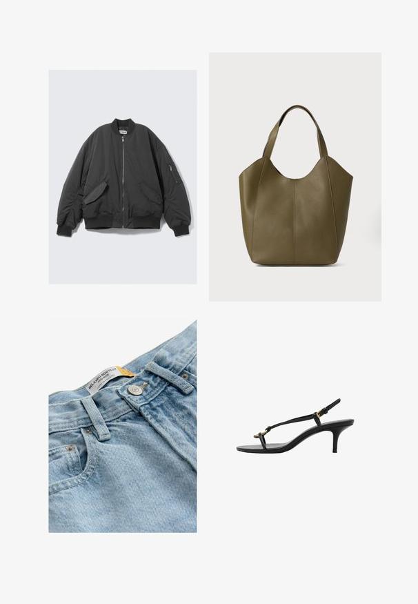 Giacca bomber nera con chiusura zip frontale, colletto e polsini a coste, tasche laterali e una tasca zip aggiuntiva sulla manica sinistra.; Blusa bianca con un design a spalla unica, caratterizzata da un'accento floreale su un lato e un lungo pannello legato in vita. Texture liscia.; Jeans in denim blu chiaro con un design bootcut rilassato, vita media, chiusura con bottone in metallo e etichetta con la scritta "BOOTCUT RILASSATO."; Sandal con zeppa kitten nera in pelle, con sottili cinturini, fibbia dorata e una minimalista fascetta per le dita su sfondo bianco.; Borsa tote in pelle verde oliva con doppio manico, texture liscia e design a quattro pannelli. Cuciture rinforzate lungo le cuciture per una maggiore durata.