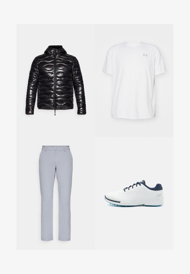 EA7 Emporio Armani ST MORITZ PADDED PACKABLE JACKET - Skijaška jakna - black; Bijela atletska majica kratkih rukava od glatkog materijala. Ima okrugli izrez i sivi logo na lijevoj strani prsnog koša, s bočnim prorezima na rubu.; Svijetlosive hlače ravnog kroja, s kopčanjem na gumbe, prednjim džepovima i glatkom, teksturiranom tkaninom. Minimalistički dizajn, bez uzoraka.; Bijele atletske cipele s glatkim sintetičkim gornjim dijelom, plavim naglascima, teksturiranim tamnoplavim petom i laganim, šiljastim potplatom za prianjanje.