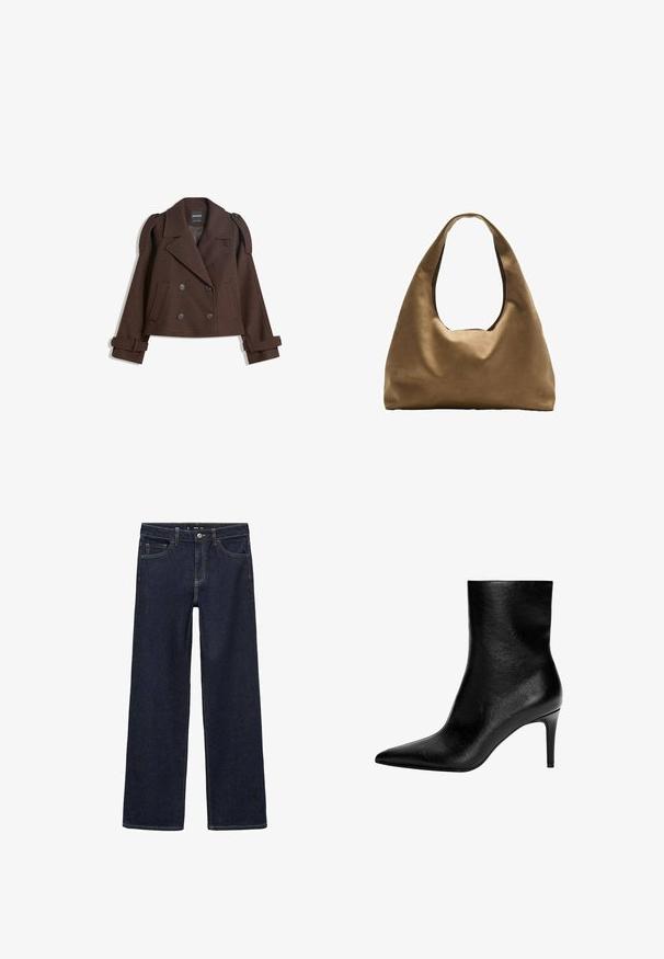 Rjava dvojna volna mešana jakna z epauleti na rami, velikimi reverji, dvema sprednjima žepoma in zavihanimi manšetami. Oznaka na notranji strani.; Bela bombažna majica brez rokavov s kroglasto izrezom in prilegajočim krojem. Gladka tekstura, enostavna zasnova in minimalne šivanske podrobnosti.; Temne oprane jeans hlače z sproščenim krojem. Imajo visok pas, pet žepov in kontrastno šivanje. Naravnan kroj nog, brez okrasnih elementov.; Črne usnjene gležnjarje s koničastim nosom in ozkim srednje visokim špicastim petam, gladke teksture in brez vidnih zaklepanj.; Brahna torba preko rame iz rjave tkanine s širokim, zaobljenim tijelom i velikim izrezanim ručkom. Meka tekstura, minimalistički dizajn i bez vidljivih metalnih dijelova.