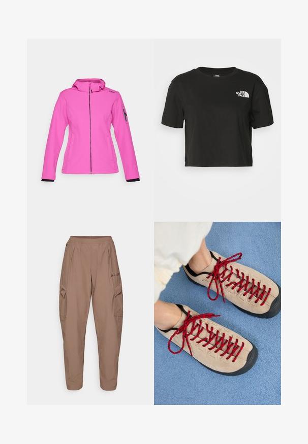 CMP ZIP HOOD - Veste softshell - festival; T-shirt noir court en coton. Doté d'un col rond et de manches courtes, avec un logo blanc sur la partie gauche de la poitrine.; Pantalon cargo marron avec une taille élastique, deux poches latérales et un tissu texturé. Présente un logo brodé sur le devant.; Des chaussures beiges avec des lacets rouges, posées sur une surface bleue texturée, révèlent partiellement la cheville d'une personne. Les chaussures ont un design sportif.