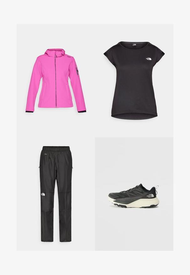 CMP ZIP HOOD - Soft shell striukė - festival; The North Face TANKEN TANK - Sportiniai marškinėliai trumpomis rankovėmis - black; Juodi nepralaidūs vandeniui kelnių, pagamintų iš lengvos medžiagos, su elastingu juosmeniu, šoninėmis kišenėmis ir logotipu kairiajame šone.; Juodas sportinis batas su tekstūruota viršutine dalimi, su pilkomis detalėmis ir baltu viduriu. Apima pakėlimo juostelę ir ryškų prekės ženklo logotipą ant kulno.