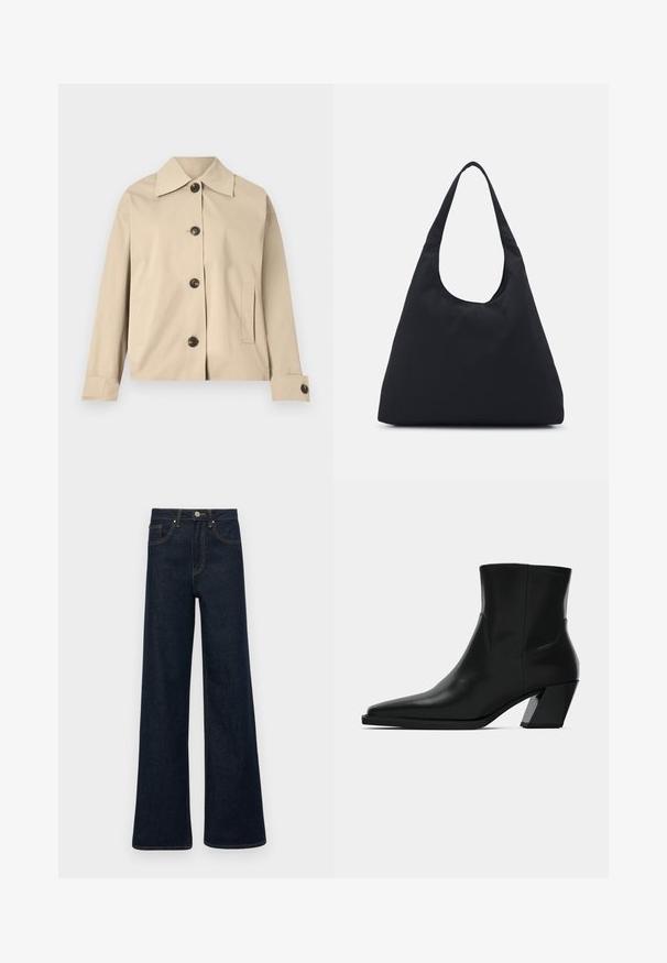 Bežinė medžiaginė striukė, pasižyminti klasikiniais apykakle, priekiniais mygtukais ir šoninėmis kišenėmis; lygi tekstūra ir struktūrizuotas dizainas.; Balta pynimo kabeliu megztukė su pakeltu kaklu ir trumpa siluetu, turinti raibą antkaklį ir apačią. Minkšta tekstūra su jaukia, masyviu dizainu.; Tamsiai mėlyni plačios kojų džinsai su priekinėmis kišenėmis, diržo kilputėmis ir mygtuko uždarymu.; Juodos odinės aulinės bateliai iki kulkšnies su smailiu nosiu, elegantiška siluetu ir stambiu kvadratiniu kulnu. Lygus pavirčius su minimaliais siuvimo detalėmis.; Juodas audinio krepšys su plačiu peties diržu. Minkšta, pusiau struktūrizuota forma ir lygus paviršius; minimalus dizainas, be matomo įrangos.