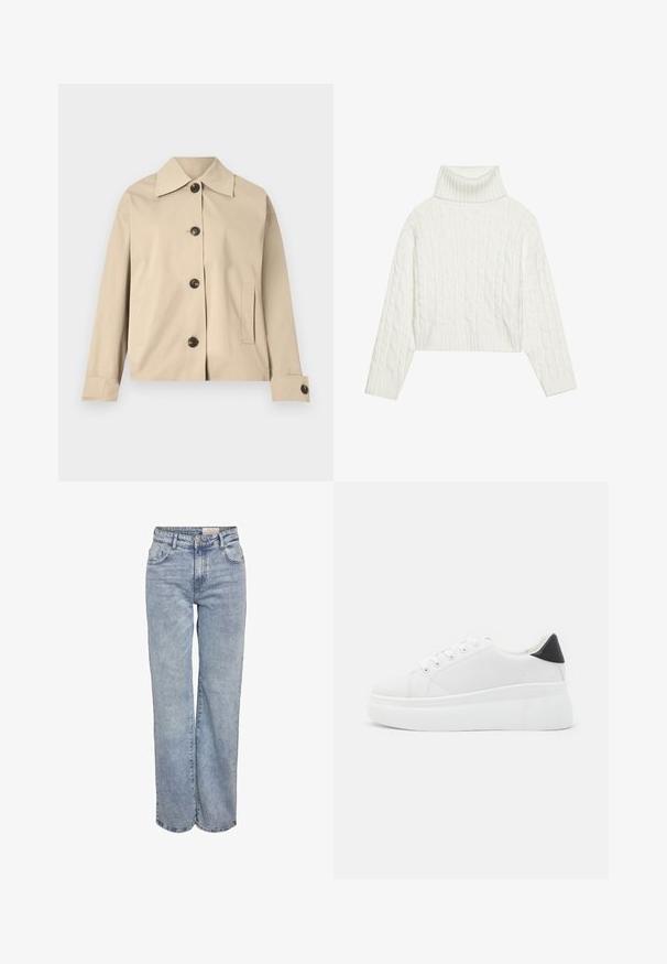 Beige jas van katoen, met een klassieke kraag, voorde knopen en zijzakken; gladde textuur en gestructureerd ontwerp.; Witte kabelgebreide coltrui met een cropped silhouet, voorzien van geribbelde manchetten en zoom. Zachte textuur met een gezellige, stevige uitstraling.; Lichtblauwe wijde jeans gemaakt van denim, met een hoge taille, vijf zakken en subtiele vervaging voor een versleten uitstraling.; Witte platform sneakers van glad synthetisch materiaal, met een afgeronde neus, vetersluiting en een gestructureerde rubberen zool. Zwarte hielaccent.