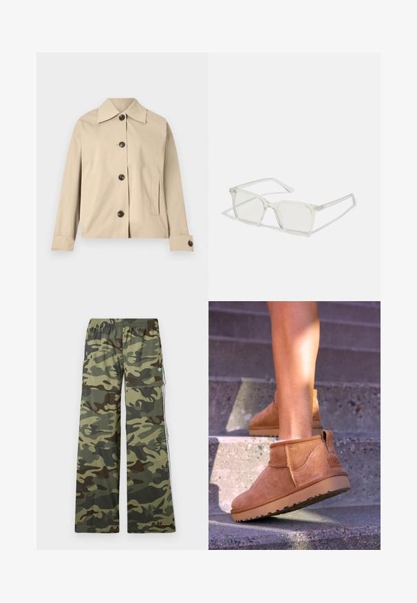 Beige jacket made of cotton, featuring a classic collar, front buttons, and side pockets; smooth texture and structured design.; White cotton tank top with wide shoulder straps, a round neckline, and a smooth, ribbed texture. No patterns or accents present.; Camo-patterned cargo pants in shades of green and brown, featuring a wide-leg design, elastic waistband, and side pockets with stripes.; Tan suede ankle boots with a soft texture, stitched detailing, and a rubber sole, featuring a looped heel for easy wear.; Clear plastic square-frame glasses with translucent lenses, featuring gold accents on the temples for added detail.; Brown leather handbag featuring a zip closure, a shoulder strap, and an embossed logo pattern. Smooth finish with gold-tone hardware accents.