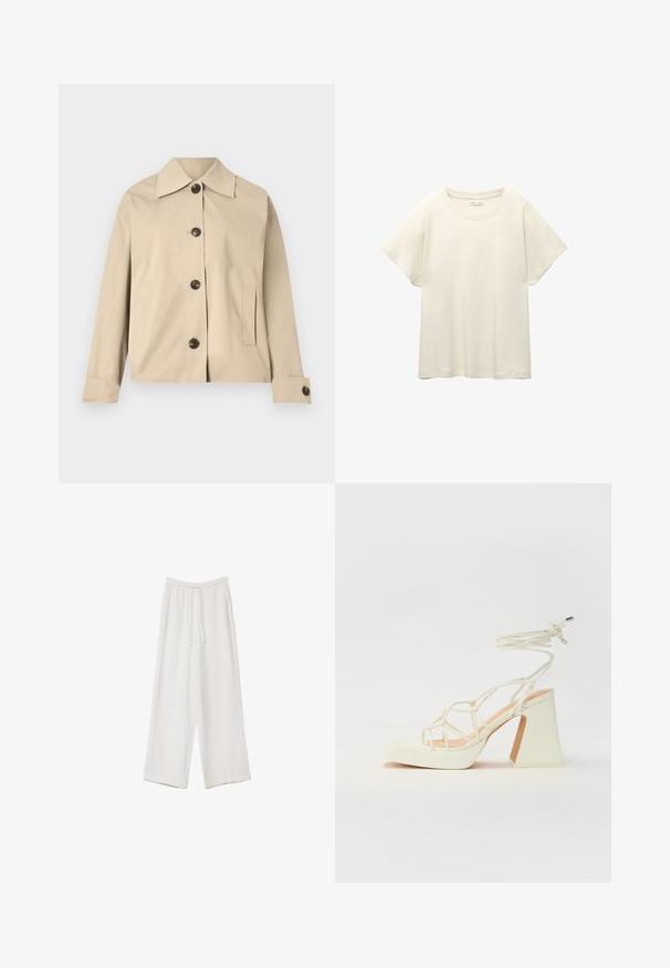 Beige Jacke aus Baumwolle, mit einem klassischen Kragen, vorderen Knöpfen und seitlichen Taschen; glatte Textur und strukturierte Designs.; Helles beige T-Shirt mit kurzen Ärmeln und Rundhalsausschnitt, aus weichem, glattem Stoff gefertigt. Verfügt über eine lockere Passform und einen geraden Saum.; Weiße weit geschnittene Hose aus leichtem Stoff. Mit einem elastischen Bund und Kordelzug sowie Seitentaschen. Glatte Textur.; Weiße High-Heel-Sandale mit einem klobigen Absatz, die über ein Riemchendesign und ein Knöchelband verfügt. Glatte Textur mit einer Plattform vorne für zusätzliche Höhe.
