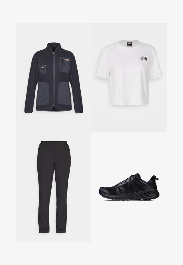 Tume meresinise fleece-jakk kõrge kraega, lukuga ees ja mitme taskuga. Omab tekstuuri ja kontrastseid pehmeid kangaselemente.; Valge lühikeste varrukatega puuvillane lühikesed t-särk, ümmarguse kaelusega. Vasakul rinnal on must logo.; Mustad must outdoor püksid, mis on valmistatud kergest kangast, omavad sirget sääremudelit, lukuga küljetaskuid ja reguleeritavat vööd.; Must musta jooksujalats, millel on võrkmaterjalist pehme ja kummist tald. Omab tekstuurseid pealset, tugevdatud varbaosa ja brändi logo kandadel.