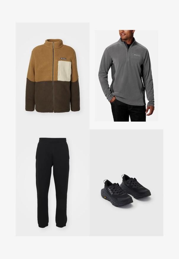 Columbia MOUNTAINSIDE™ beżowy; Szary polar z ćwierć zamkiem, miękka faktura, długie rękawy i logo na lewej piersi. Akcentowany kontrastowymi bocznymi panelami.; Czarne dresy wykonane z mieszanki bawełny, z elastycznym pasem, zwężanymi nogawkami i ściągaczami przy kostkach. Prosty design, bez wzorów.; Czarne buty sportowe z teksturowanym wierzchem, grubą amortyzacją i wytrzymałą podeszwą. Widoczne logo HOKA z jaskrawymi żółtymi akcentami.