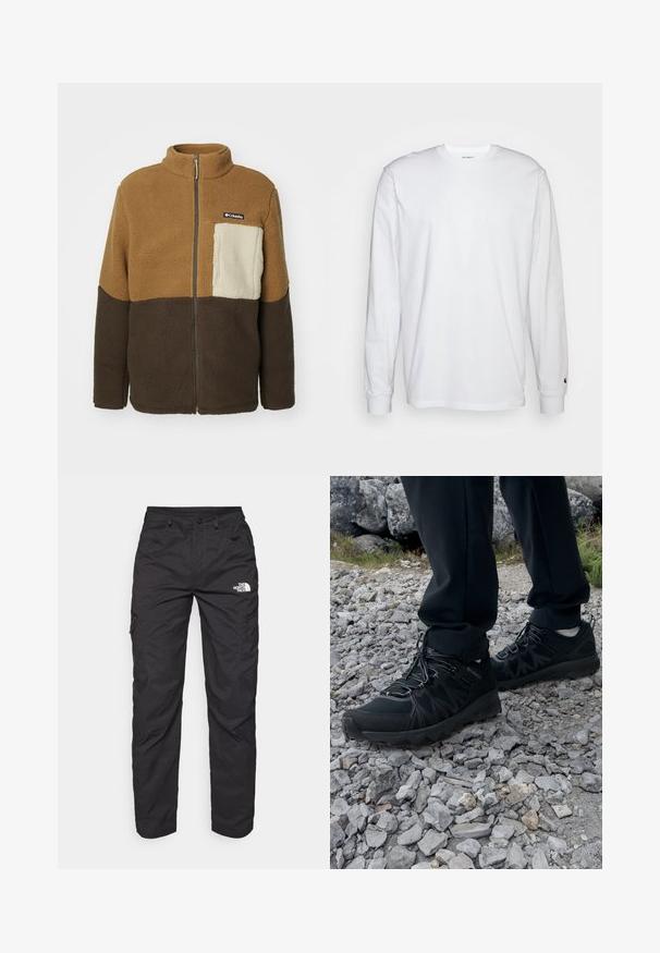 Columbia MOUNTAINSIDE™ HEAVYWEIGHT - Giacca in pile - delta/cordovan/ancient fossil; T-shirt bianca a maniche lunghe realizzata in cotone. Design con collo rotondo, polsini a costine e un piccolo logo sulla manica sinistra. Texture liscia.; Pantaloni cargo neri realizzati in tessuto leggero. Presentano tasche laterali con zip e un logo sulla coscia sinistra. Design a gamba dritta.; Scarpe da esterni nere realizzate in mesh e materiale sintetico, con una parte superiore testurizzata, un sistema di allacciatura sicuro e una suola robusta, su terreno roccioso.