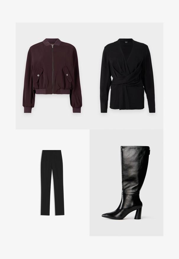 Burgundy bomber takki, jossa on vetoketju edessä, ribba-tyyliset hihansuut ja kaksi läpällistä taskua. Valmistettu sileästä kankaasta, jossa on hieman puhallettu muotoilu.; Mustat kääntöpaidan, joka on valmistettu pehmeästä kankaasta, pitkät hihat, v-pääntie ja solmittava vyö, joka korostaa vyötäröä. Silkkinen pinta.; Mustat räätälöidyt housut suoran lahkeen designilla, joissa on etutaskut ja sileä, teksturoitu kangas. Siistit, minimalistiset yksityiskohdat.; Mustat nahkasaappaat, joissa on terävä kärki, sileä pinta ja paksu korko. Takana on vetoketjuyksityiskohta.
