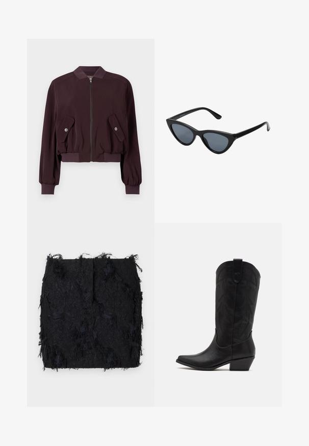 Burgundská bomber bunda se zipem vpředu, vroubkovanými manžetami a dvěma kapsami s klopou. Vyrobena z hladké látky s mírně vycpaným designem.; Dvě bezrukávové žebrované roláky v hnědé a černé barvě, vystavené na bílém pozadí.; Černá texturovaná sukně s vrstveným třásňovým designem a mírně nepravidelným lemováním, vyrobená z lehkého materiálu.; Černá kožená cowboyská bota s špičatou špičkou, nízkým hromadným podpatkem a složitým embosovaným listovým vzorem na holeni. Očko nahoře pro snadné obouvání.; Černé sluneční brýle ve stylu "cat-eye" s tmavě šedými skly, elegantním plastovým rámečkem, špičatými rohy a rovnými stranami. Bez viditelného kování nebo ozdob.; Burgundské kožené kabelka s zakřiveným tvarem, zlaté detaily na kovových prvcích a zipovým uzávěrem. Obsahuje odnímatelný ramenní popruh.