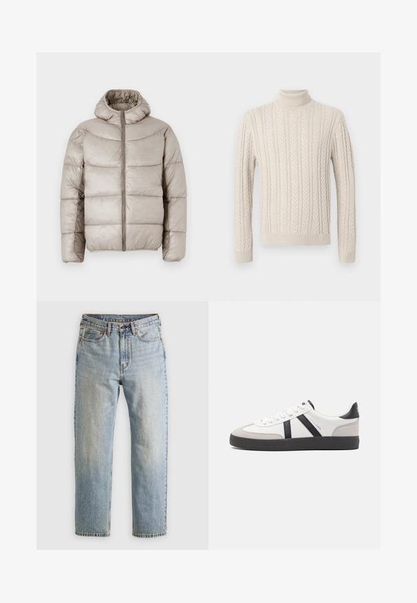 Puffer jacket in light beige, featuring a hood, zip closure, and quilted design with prominent horizontal stitching. Smooth, shiny texture.; Beige, knitted sweater with a high, ribbed turtleneck. Features a textured cable pattern and ribbed cuffs and hem, offering a cozy appearance.; Light blue denim jeans with high waist, front button, zipper, and five-pocket design, laid flat on a neutral background.; White sneaker with black and gray accents, featuring a textured gray toe cap, black rubber sole, and flat white laces. Clean design, minimalist style.