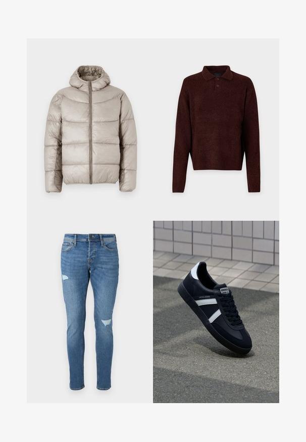 Puffermantel in hellbeige, mit Kapuze, Reißverschluss und gesteppter Optik mit auffälligen horizontalen Nähten. Glatte, glänzende Textur.; Brauner Strickpullover mit Polo-Kragen, drei Knöpfen am Hals und langen Ärmeln. Weiche Textur, gerippte Bündchen und Saum.; Verblasste blaue Jeans im Slim-Fit, mit zerstörten Stellen an den Knien, einem Knopfverschluss und einem Fünf-Taschen-Design.; Schwarze Leder-Sneaker mit weißen Streifen, strukturiertem Gummisohle und Schnürung. Verfügt über ein Markenetikett auf der Zunge.