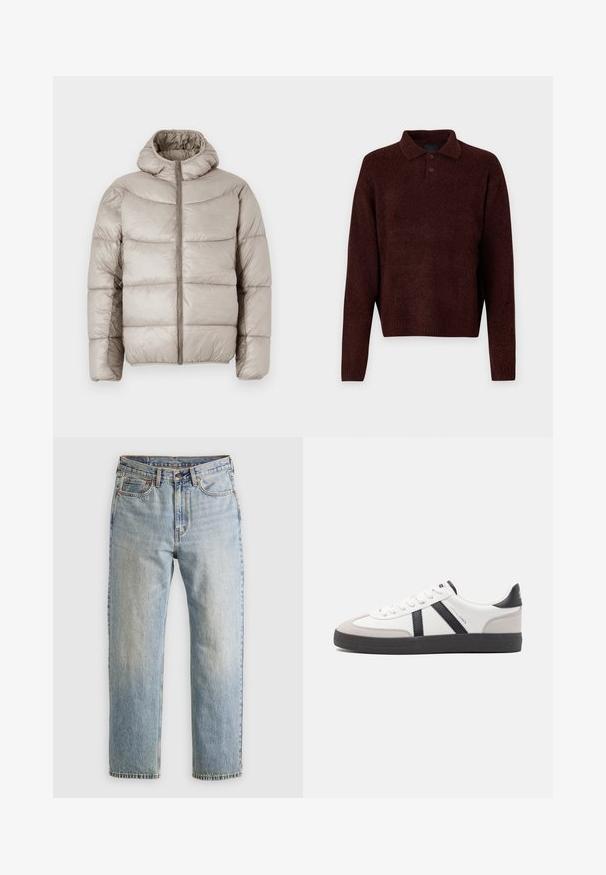 Puffer jacket in light beige, featuring a hood, zip closure, and quilted design with prominent horizontal stitching. Smooth, shiny texture.; Brown knitted pullover with a polo collar, three buttons at the neck, and long sleeves. Soft texture, ribbed cuffs, and hem.; Light blue denim jeans with high waist, front button, zipper, and five-pocket design, laid flat on a neutral background.; White sneaker with black and gray accents, featuring a textured gray toe cap, black rubber sole, and flat white laces. Clean design, minimalist style.