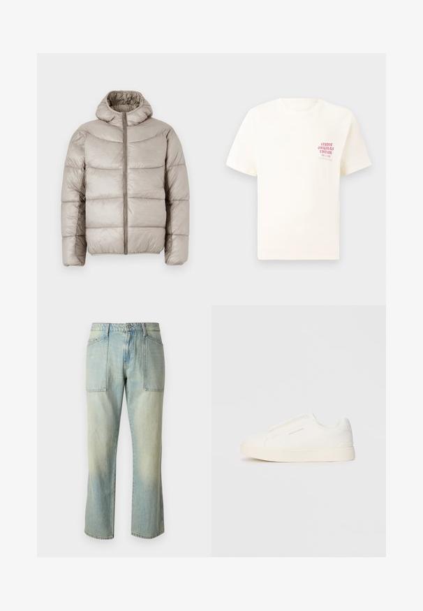 Giacca puffer di colore beige chiaro, con cappuccio, chiusura a zip e design trapuntato con evidenti cuciture orizzontali. Texture liscia e lucida.; T-shirt bianco a maniche corte con testo rosso "Studio Originals Edition" sul lato sinistro del petto, esposto su uno sfondo grigio neutro.; Jeans in denim azzurro chiaro con taglio dritto, cuciture visibili e due ampie tasche frontali. Il tessuto ha una texture sbiadita.; Sneakers bianchi slip-on con superficie texturizzata, suola spessa e design minimalista. Presentano il logo del marchio sul lato.