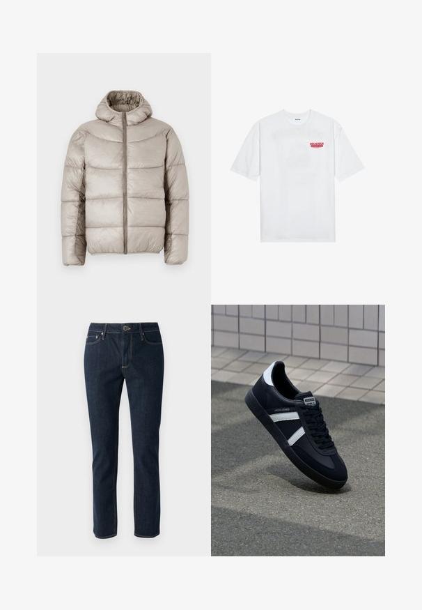 Veste en duvet couleur beige clair, dotée d'une capuche, d'une fermeture éclair et d'un design matelassé avec des coutures horizontales bien marquées. Texture lisse et brillante.; T-shirt en coton blanc avec des manches courtes, col rond et un texte graphique rouge "FRUIT RAFRAÎCHISSANT DÉLICIEUX" à l'avant.; Jean en denim bleu foncé avec une coupe droite, présentant une fermeture à bouton, cinq poches et des coutures contrastées. Texture lisse.; Sneaker en cuir noir avec des rayures blanches, semelle en caoutchouc texturée et devant à lacets. Présente une étiquette de marque sur la languette.