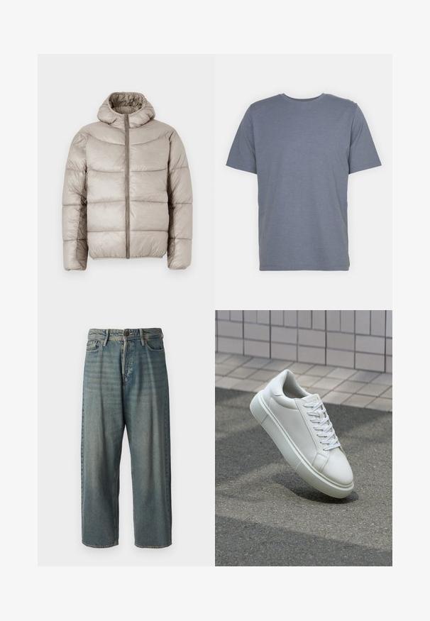 Puhasta jakna u svijetloj bež boji, s kapuljačom, zatvaranjem na zip i kviltanim dizajnom s istaknutim horizontalnim šavovima. Glatka, sjajna tekstura.; Siva majica s kratkim rukavima u kroju s okruglim izrezom, izrađena od mekane mješavine pamuka. Jednostavan dizajn, bez uzoraka ili naglasaka.; Svijetloplave traperice s širokim krojem, srednjim pojasom i ravnim nogavicama. Ima pet džepova, petlje za remen i kopčanje na gumb.; Bijela kožna tenisica s glatkom površinom, okruglim vrhom i ravnim bijelim vezicama. Ima teksturiran gumeni potplat i minimalne dizajnerske elemente.