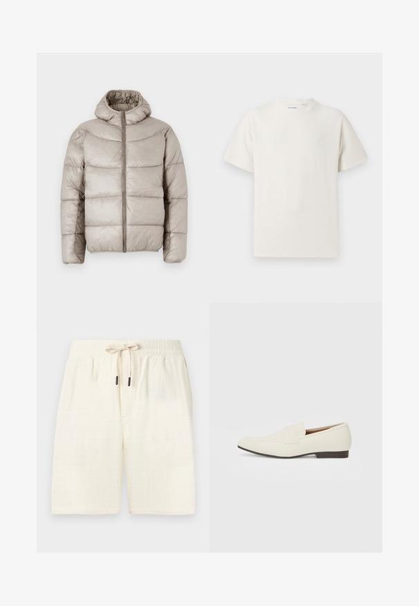 Chaqueta tipo plumas en beige claro, con capucha, cierre de cremallera y diseño acolchado con costuras horizontales prominentes. Textura lisa y brillante.; Camiseta blanca de manga corta en textura acanalada. Cuello redondo, corte relajado, sin patrones ni acentos visibles. Diseño simple y versátil.; Shorts de color crema hechos de un tejido texturizado con un patrón de cuadros. Cuentan con una cinturilla elástica con cordón y dos bolsillos laterales.; Mocasines beige claro con puntera puntiaguda, material suave, una correa a través del empeine y una suela baja marrón. Diseño simple con acentos mínimos.