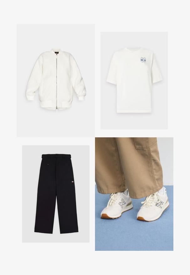 Valkoinen, pörröinen bomber-takki, jossa on vetoketjusuljenta, ribbireunat hihansuissa ja helmassa. Takissa on pyöreä kaulus ja sivutaskut. Pehmeä materiaali ja ylisuuri malli.; Valkoinen puuvillapaita lyhyillä hihoilla, jossa on vasemmassa rintataskussa sininen kengägrafiikka, suorat helmat.; Mustasta kangasta valmistetut housut, joissa on sileä tekstuuri. Niissä on suorat lahkeet, vyölenkit ja useita taskuja.; Valkoiset urheilukengät, joissa on rakennepintainen vaaleanbeige kumipohja. Kenkien sivuilla on sininen eläinkuoski ja ne ovat tasaiset vaaleanbeige nauhat, yhdistettyinä vaaleanruskeisiin housuihin.