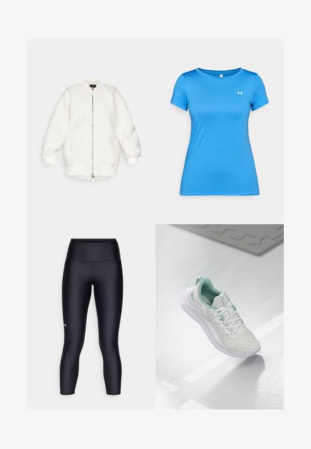 Weiße, flauschige Bomberjacke mit einem Reißverschluss auf der Vorderseite, gerippten Bündchen und Saum. Verfügt über einen runden Kragen und seitliche Taschen. Weicher Stoff und übergroßer Schnitt.; Blaues kurzärmeliges Sporthemd mit Rundhalsausschnitt und kleinem weißen Under Armour-Logo auf der oberen Brust.; Schwarze Leggings aus glattem, dehnbarem Material. Hoch geschnittenes Design mit enganliegendem Sitz und einem kleinen Logo auf dem linken Bein.; Hellgraue Sportchuhe mit einem strukturierten Strickoberteil, mintgrünen Akzenten, weißen Schnürsenkeln, Gummisohle und einer Schlaufe an der Ferse.