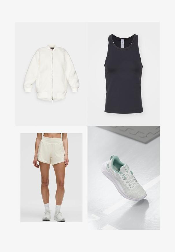Hvid, fluffy bomberjakke med lynlås foran, ribbede manchetter og kant. Har en rund krave og sidelommer. Blød tekstur og oversized pasform.; Sort tanktop lavet af blødt, strækbart materiale. Har en rund halsudskæring og brede skulderstropper, designet til en tætsiddende pasform.; Cremefarvede træningsshorts med en strækbar talje og sidelommer. Stoffet ser glat og let ud, velegnet til aktivt tøj.; Lys grå sportsko med en struktureret strikket overdel, mintgrønne accenter, hvide snørebånd, gummisål og en løkke ved hælen.