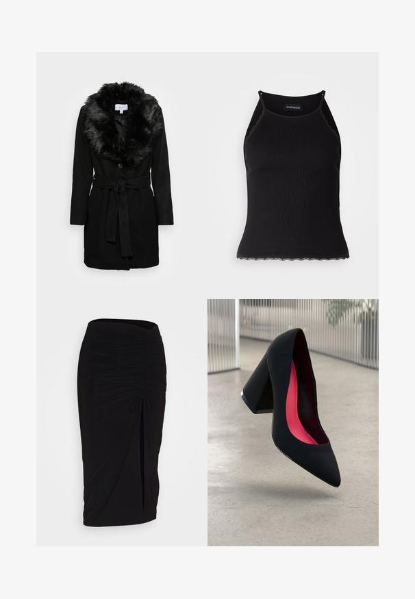 VILA VIMETIL COLLAR - Klasisks mētelis - black; Melna ribota topiņa ar izšūtu mežģīņu apdari apakšmalā. Iezīmē plānas siksniņas un pielāgotu piegriezumu. Izgatavota no stiepjama auduma.; Melna, ručām veidota zīda svārku ar saišu detaļu un sānu izgriezumu. Izgatavota no elastīga auduma, ar gludu tekstūru un pieguļošu dizainu.; Melna augsta papēža kurpe ar smailu purngalu, teksturētu virsmu un dzīvespriecīgu rozā interjeru. Satur masīlu papēdi ar sudraba akcentu.