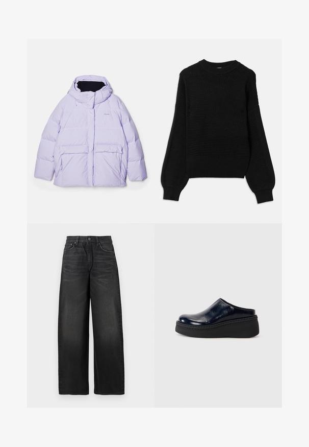 Lila napihljiva jakna z odstranljivo kapuco, dvema sprednjima žepoma, šivanimi paneli in izvezenim logotipom na prsih.; Črna pulover z teksturiranim pletenjem, rebrastim krojem pri vratu in oversized balonskimi rokavi z gladkim zaključkom.; Črne široke hlače z visokim pasom, z nežnim izbleneljem in majhnim strganim delom na zgornjem desnem stegnu.; Mornarško modra lakasta klompa z gladko površino, ki ima debel črn platformski podplat in vidno šivanje ob osnovi.