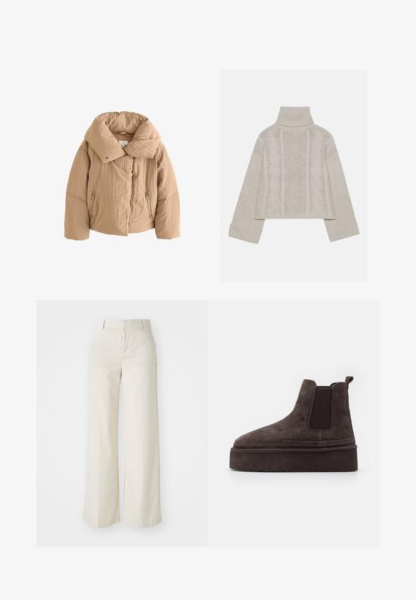 Beige pufferjacka med bred krage, dragkedjeförsedda sidofickor och texturerat tyg. Har en knappstängning framtill och en kortad passform.; Beskurad, ljusgrå stickad tröja med hög krage och ribbade manschetter, med strukturerade kablar som går längs bakstycket och sidorna.; Vidbenade byxor i en ljus beige färg, gjorda av ett slätt tyg. Har en klassisk midja och flat front med rena linjer.; Bruna mockaskinn Chelsea-stövlar med elastiska sidopaneler och en tjock, texturerad platåsål. Har en dragflik vid hälen för enkel påtagning.